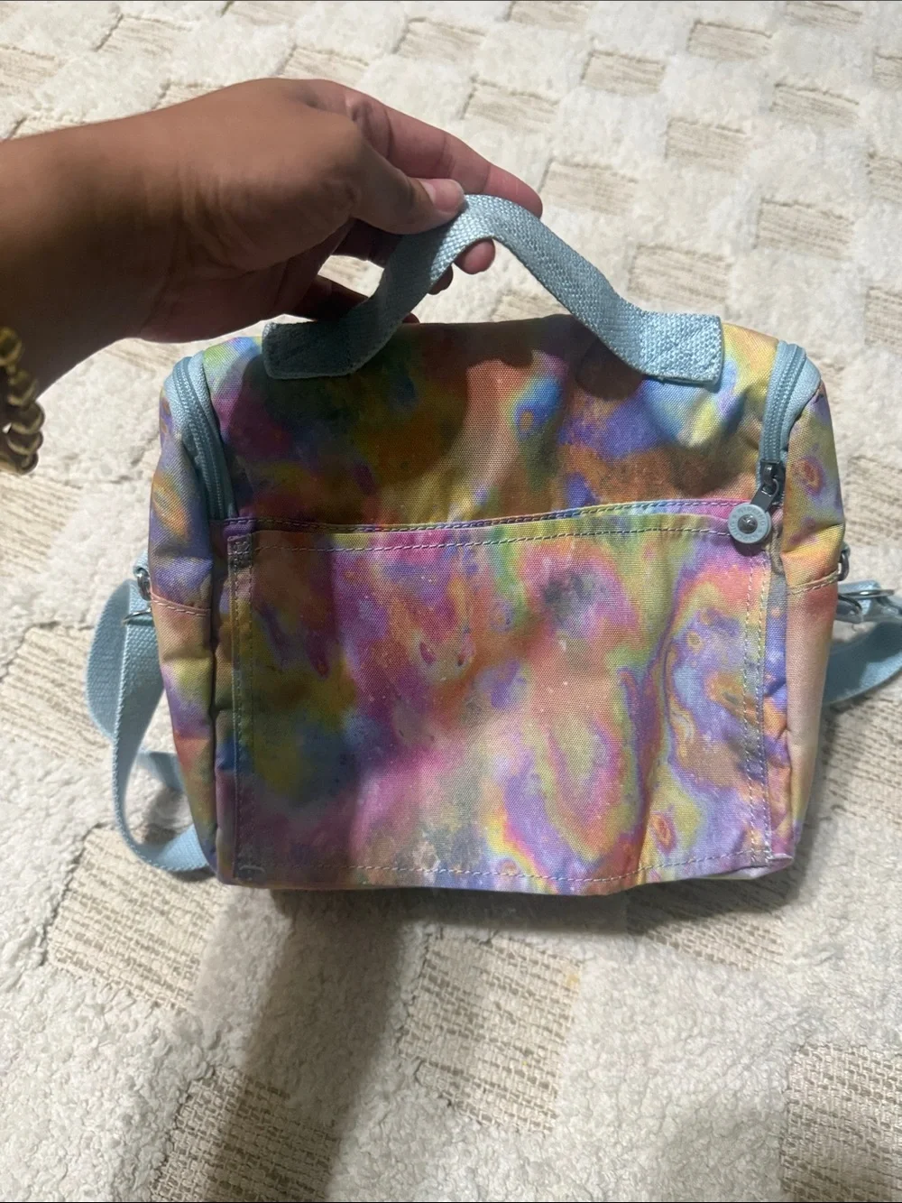 Kipling Pastel Rainbow Tie-Dye Kids lunch box with Lavender Pom Pom